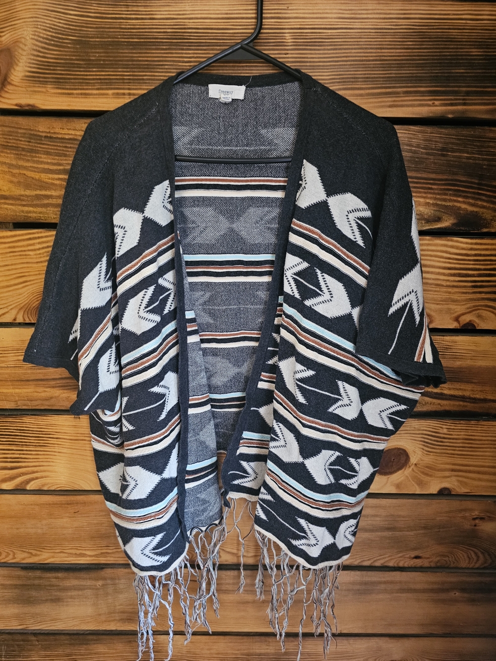 Freeway Black & White Aztec Fringe Open-Front Poncho
